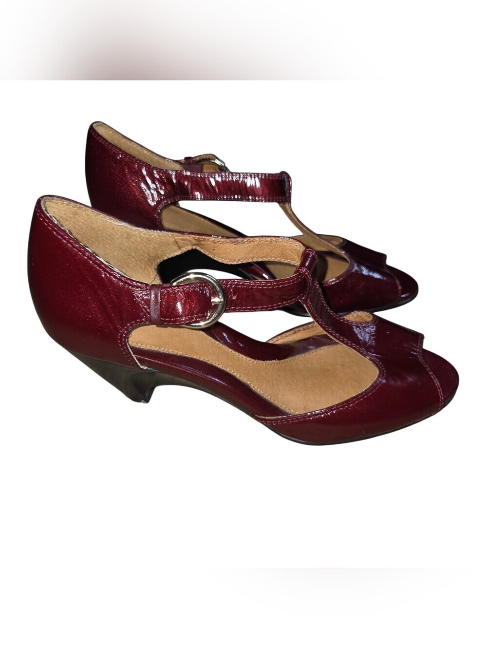 Sofft Burgundy T-Strap Peep-Toe Heels - Picture 6 of 10